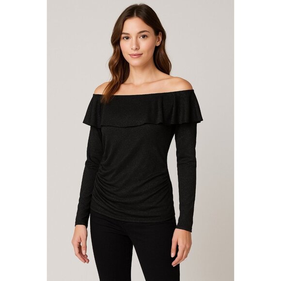 BCX Black Metallic Off-Shoulder Ruffle Long Sleeve Top – Size Medium - Picture 1 of 8
